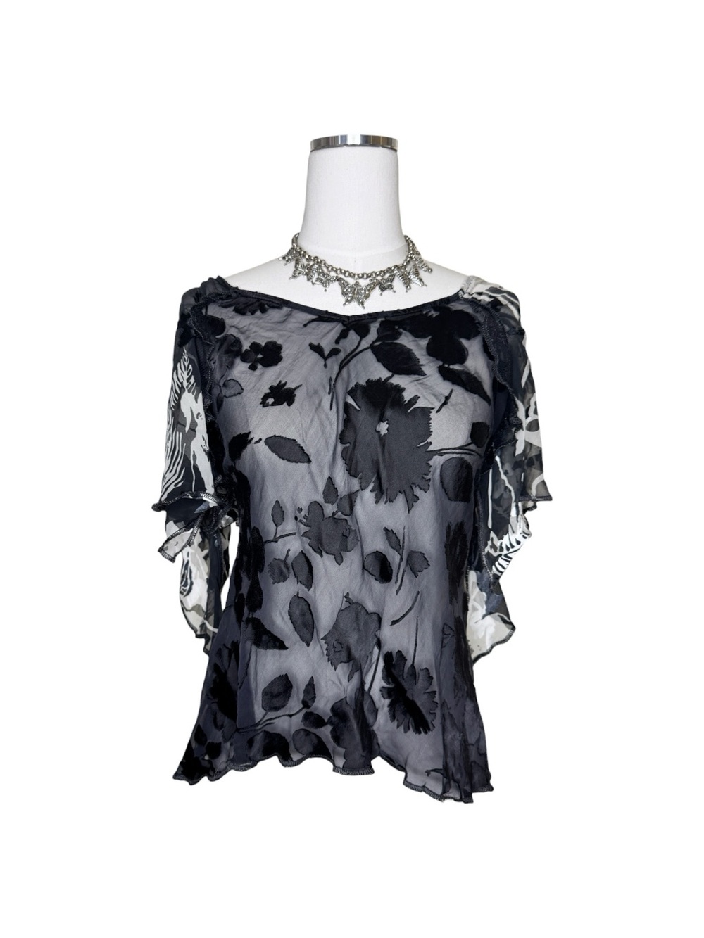 Vintage Spencer Alexis Sheer Silk Black Floral Whimsygoth Fairy Top Size Large